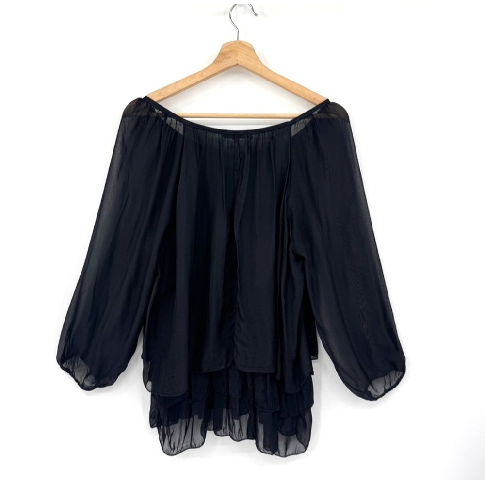 Tempo Paris Black Silk Sheer Ruffle Blouse Top Medium Made in Italy - Picture 6 of 10